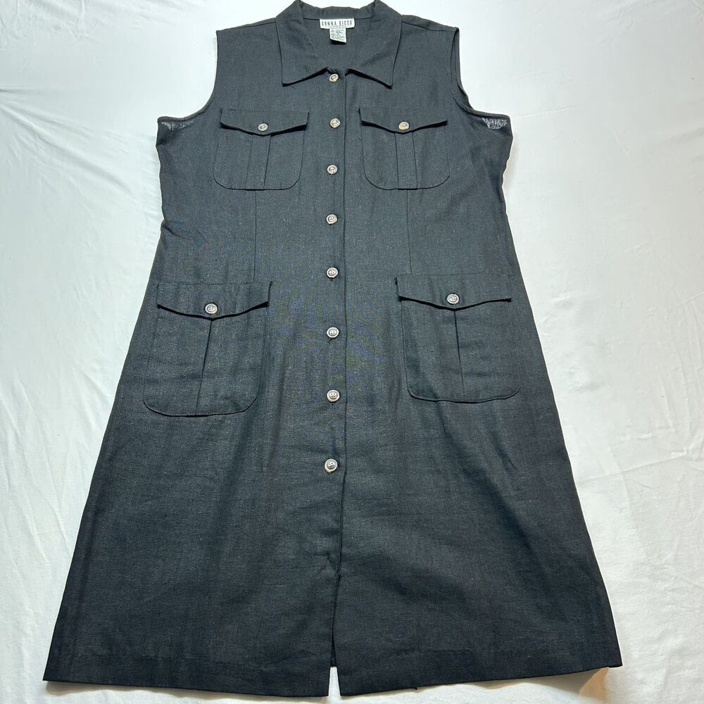 Vintage Donna Ricco Sport Black Safari Aesthetic Button Front Midi Dress Sz12